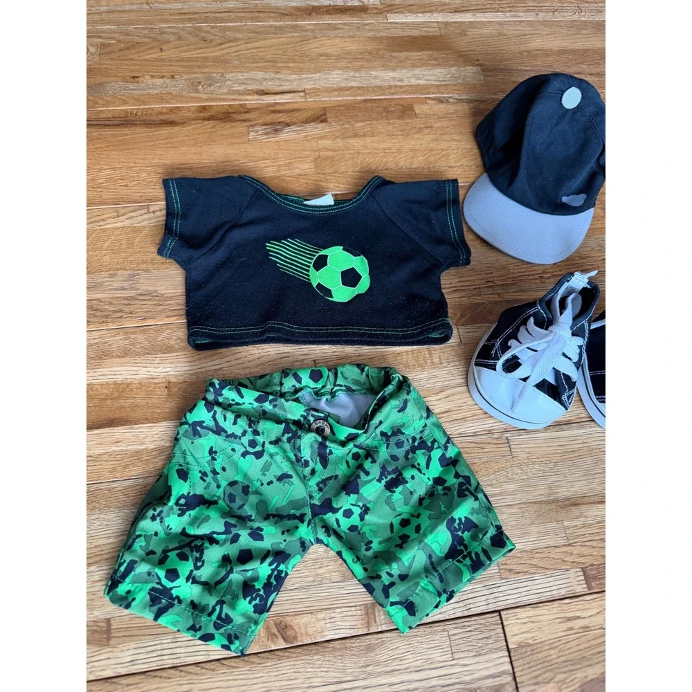Build a Bear Soccer Outfit Shirt Shorts Cap Shoes Green Black Ball Graphic